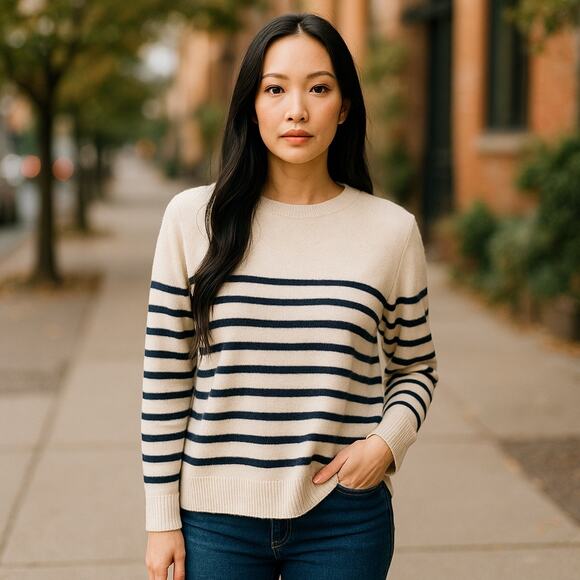 Rachel Zoe Nautical Stripe Cashmere Crewneck Sweater Cream Blue L - Picture 1 of 5